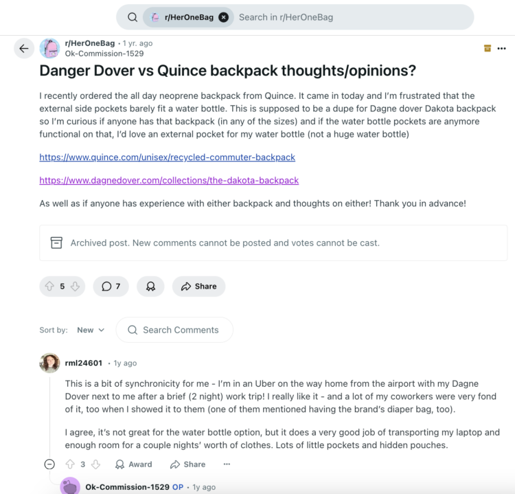 A screenshot from a thread on Reddit asking for information on the differences between the Dagne Dover and Quince backpacks